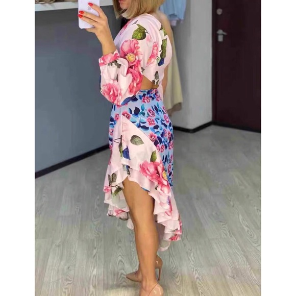 New Floral Print Sexy One Shoulder 2 Pieces Dress - Picture 4 of 5